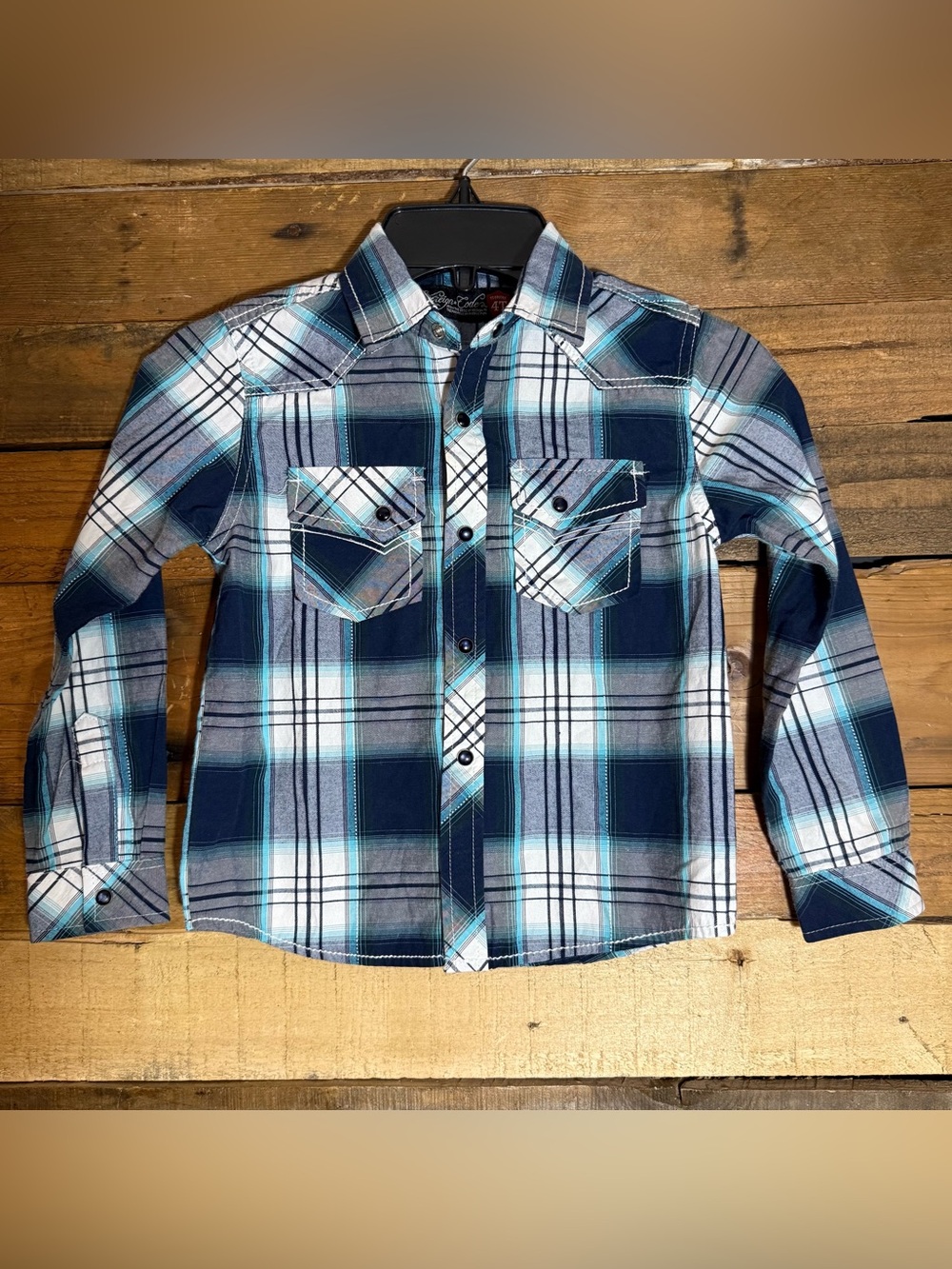 Sovereign Code Snap Up Western Long Sleeve Toddler 4T Medium Blue Plaid Shirt